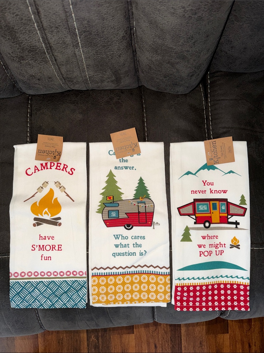 NWT Camping Camper Tea Towels - Set of 3 - White with Red, Teal, Yellow Accents